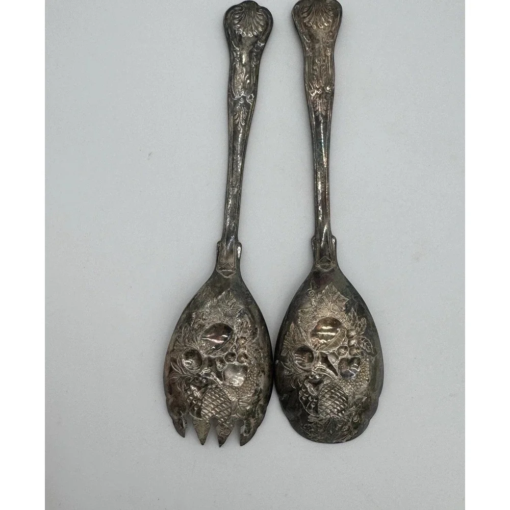 Antique FB Rogers Silver Plated Salad Serving Set Italy Fruit Pattern‎ EPNS 9in